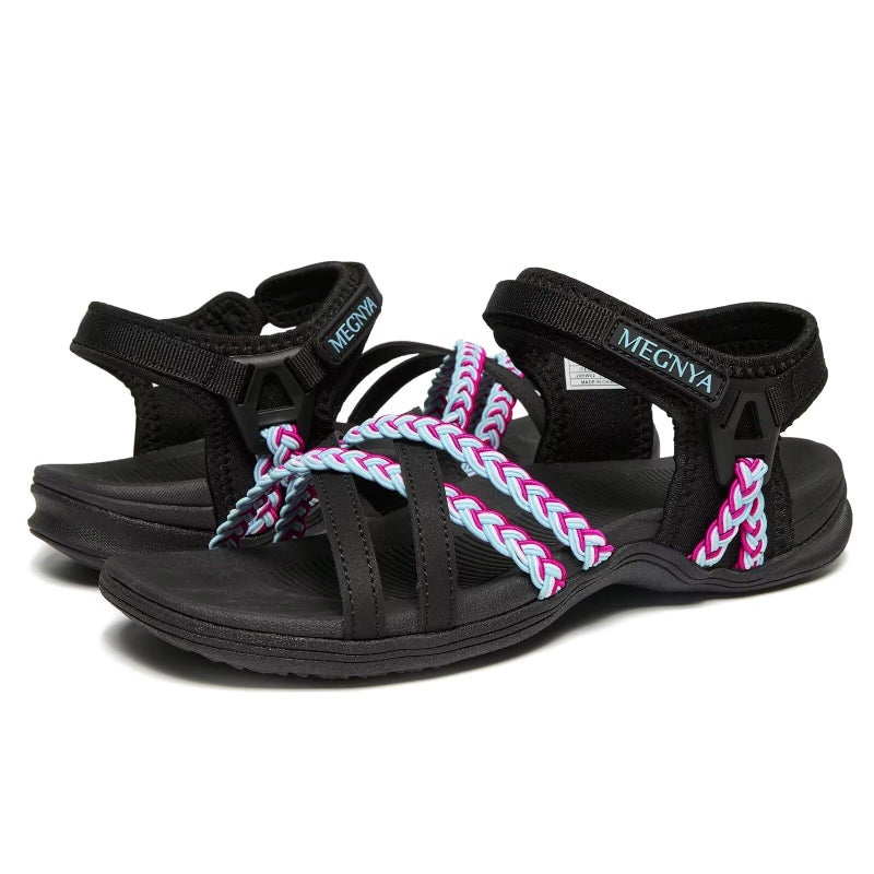 MEGNYA Women's Best Athletic Walking Sandals, Arch Support Comfortable Flexible Hiking Slides Outdoors, Adjustable Sport Sandals Colorful Hook Loop Straps Size 9 - Image 1